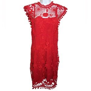 Willow & Clay Red Lace Crochet Dress Pom Trim Boho Festival XS